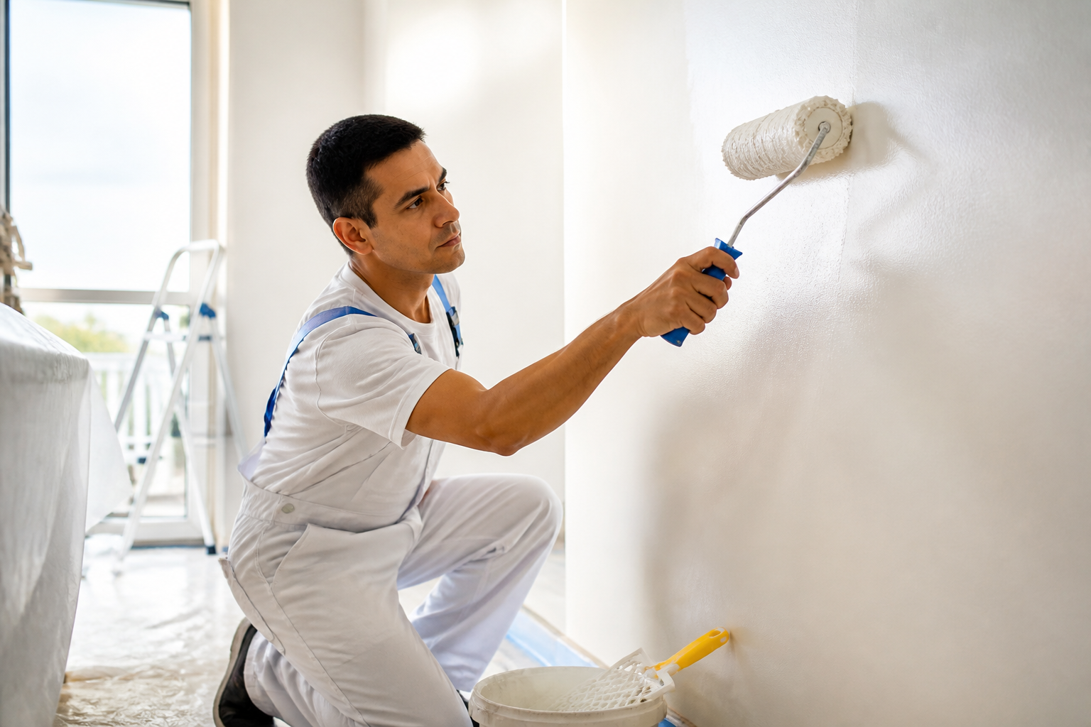 Profissional de pintura trabalhando em um ambiente claro